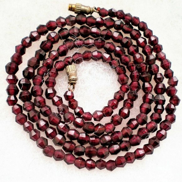Antique Vintage Faceted Carved Rhodolite Garnet Beads Beaded Necklace 25.5